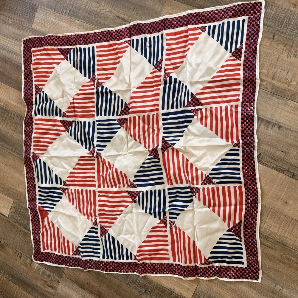 VINTAGE Scarves by Vera Verasheer Geometric Red White Blue Silk‎ Scarf